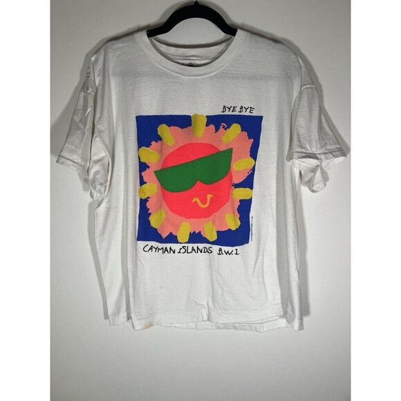 Vintage 90s Bye-Bye Cayman Islands neon graphic white tshirt single stitch XL - Picture 1 of 12